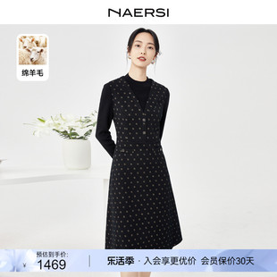 naersi娜尔思绵羊毛半高领，毛针织(毛针织，)拼接薄呢连衣裙女秋冬裙子