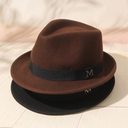 复古棕色绅士帽爵士帽韩版潮男女，英伦卷边毛呢，小礼帽舞台牛仔帽子