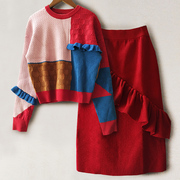 欧洲站针织套装女2023秋冬拼色设计毛衣包臀半裙两件套连衣裙