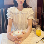 韩系温柔风短袖甜美花边白色衬衫女2024年夏季娃娃领短装衬衣