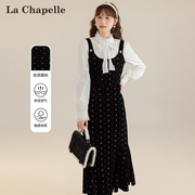 拉夏贝尔黑色连衣裙，2024春季设计感方领气质收腰吊带裙女