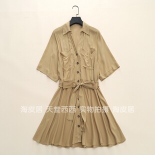 40859瑞典单~粘纤纯色，双口袋系带短袖，翻领衬衫裙a字连衣裙0.31