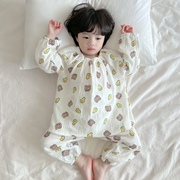 韩版儿童家居空调服套装女童，春夏季薄款长袖睡衣中小男童棉纱宽松