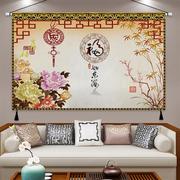 中式挂画布艺牡丹，家和万事兴挂毯客厅装饰画横版，电视柜墙画布画