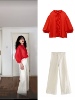 23春夏红色雪纺衫七分袖叠层半透明衬衫白色宽松牛仔裤套装女