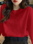 红色长袖t恤女ins2323年秋冬韩版宽松薄款纯色本命年打底衫上衣潮
