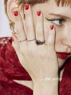 日本日系 ins复古做旧个性爱心锆石金属黄铜 三件套戒指环女