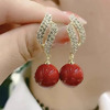 日韩国气质个性珍珠耳环女925纯银针，小众设计感红色耳坠耳饰潮