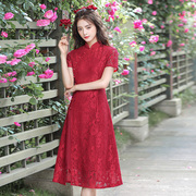 红色蕾丝旗袍2023年夏年轻(夏年轻)款，回门改良版奥黛妈妈连衣裙小个子