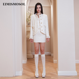 eimismosol24春季金丝白色，小香风外套抹胸上衣，短裙三件套套装