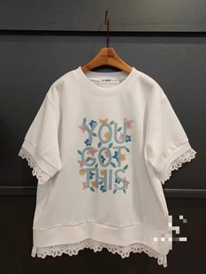 韩国东大门2024夏季女装蕾丝，勾花拼接碎花，字母宽松t恤上衣女