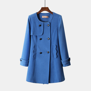 撤柜好货女装秋冬款蓝色，圆领双排扣中长款简约百搭羊毛呢子外套