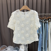 5905夏季韩版法式泡泡袖显瘦立体花朵，名媛气质小衫短袖上衣女