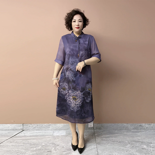 新中式妈妈真丝连衣裙夏季中袖高品质刺绣定位花过膝长款裙子