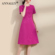 annally2023夏季女装优雅气质，修身显瘦玫，红色a字中长款连衣裙