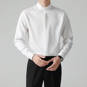 新中式立领衬衫男长袖白色免烫垂感轻奢纯色发廊衬衣伴郎衬衫上衣