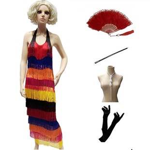 1920s亚马逊波西米亚连衣裙，彩虹流苏裙挂脖性感，露背拉丁舞裙表演