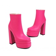 桃红色粉色白色绿色靴子欧美防水台粗跟超高跟短靴女大码小码 YLL