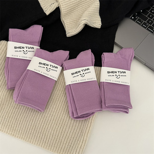 粉紫色长袜子女ins潮中筒袜春夏百搭糖果色堆堆袜网红紫色压力袜