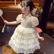 女童连衣裙中国风女孩，旗袍夏装2024洋气儿童泡泡，袖网纱公主裙