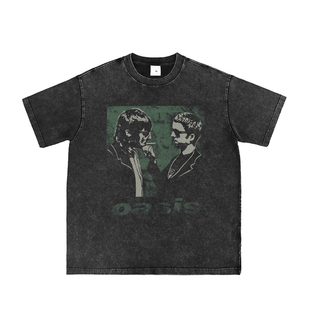 OASIS直喷水洗做旧绿洲乐队复古灰美式街头朋克摇滚宽松长短袖T恤
