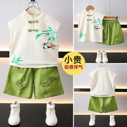 儿童装中国风熊猫套装夏天男女宝宝休闲时尚无袖背心短袖两件套潮
