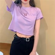 香芋紫色设计感小众短袖t恤女短款上衣，配阔腿裤高腰露脐2024夏天