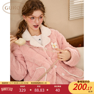 Gukoo/果壳睡衣女冬季三层夹棉加绒加厚多色简约可外穿家居服套装