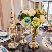 欧式奢华金属水晶玻璃，花瓶透明插花美式客厅家居装饰品样板房