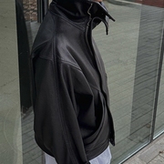 高品质真皮夹克女2023短款外套宽松蝙蝠袖翻立领两穿植鞣羊皮皮衣