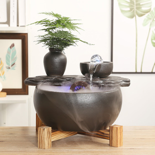 中式陶瓷循环鱼缸流水摆件创意客厅办公装饰招财生财茶几造景喷泉