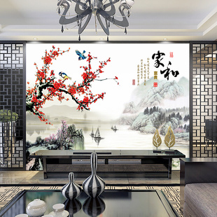 新中式山水水墨国画茶室客厅装饰画电视沙发背景墙贴风景壁纸自粘
