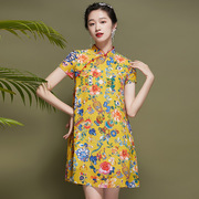 新中式真丝印花改良旗袍裙2024夏季女装中国风宽松短款连衣裙