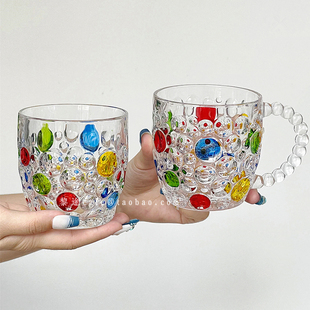 网红创意手绘圆点带把玻璃杯幻彩气泡珠家用牛奶咖啡杯喝水杯