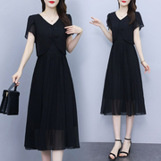 黑色雪纺短袖连衣裙女2024年夏季妈妈装中长款显瘦假两件裙子