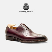 意大利PaoloScafora手工牛津鞋男士Oxford酒红擦色雕花皮鞋挪威缝