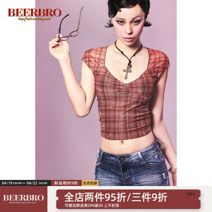 beerbro美式辣妹网纱紧身收腰上衣女夏季露背自带胸垫格子针织衫