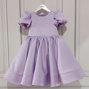 女童演出香芋紫色手工定制缎面，连衣裙珍珠袖口，高端透气公主裙礼服