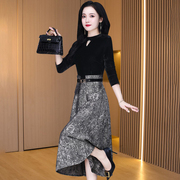 金丝绒连衣裙春秋装女2023妈妈气质名媛高端精致假两件套裙子