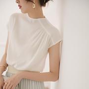 白色真丝短袖上衣女设计感小众轻熟高级感复古气质桑蚕法式丝衬衫