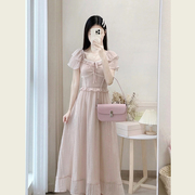 温柔风粉色连衣裙女夏季高级感法式小飞袖收腰显瘦气质桔梗裙长裙