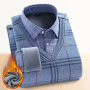 秋冬季男士格纹假两件加绒加厚格子衬衫领保暖套头毛衣针织衫毛衫
