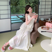 fairyjiang夏季气质白色v领吊带，连衣裙长款过膝无袖，露肩仙女裙子