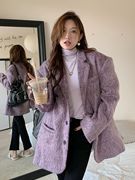 紫色中长款毛呢西装外套，女秋冬2023小个子高级感气质加厚西服