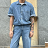 韩国男装不对称潮流单口袋设计师拼接水洗色宽松短袖牛仔衬衫