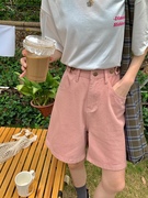 脏粉色牛仔短裤女夏季2024年薄款高腰五分裤宽松直筒阔腿中裤