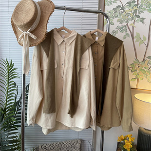 日系春装复古设计感棉质衬衫+披肩两件套女宽松慵懒卡其色上衣