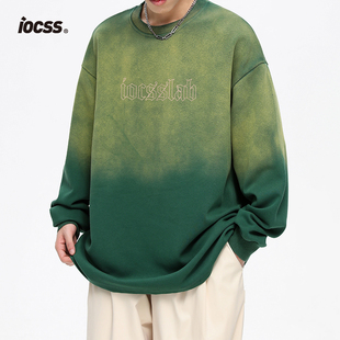iocss美式复古渐变绿色扎染卫衣情侣，款原创小众，设计感男女t恤长袖