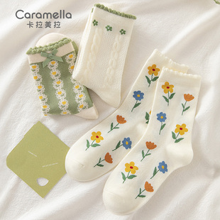 卡拉美拉棉袜子女士秋冬款中筒袜加厚月子袜地板袜长袜花边堆堆袜
