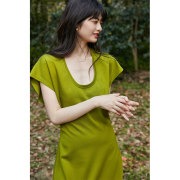 提亮肤色的草绿色 短袖懒人t恤裙长裙显瘦u领连衣裙